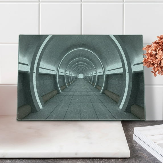 Outer Space Cutting Board, Galactic Place Oval Shaped Ceiling Force Alien Life Apollo Comics Graphic Design, Decorative Tempered Glass Cutting and Serving Board, Small Size, Grey, by Ambesonne