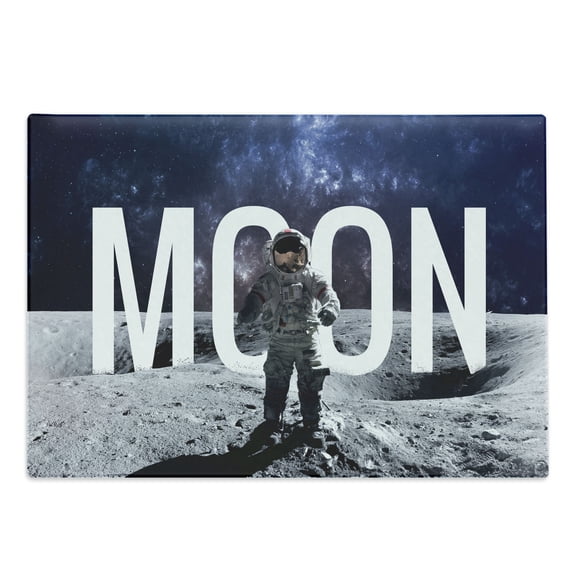 Outer Space Cutting Board, Miniature Toy Astronaut on the Foreground of Giant Moon Big Bang Mars Print, Decorative Tempered Glass Cutting and Serving Board, Large Size, Grey Blue, by Ambesonne
