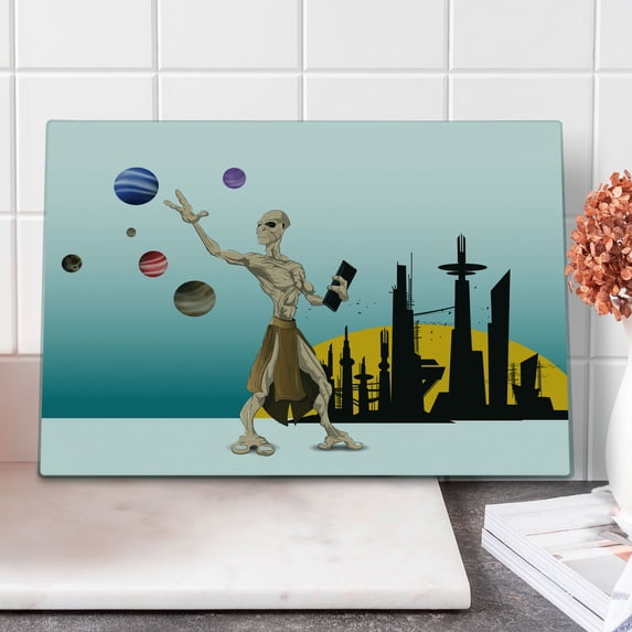 Outer Space Cutting Board, Odd Alien Celestial Body with Small Planets Hero Super Powers Image, Decorative Tempered Glass Cutting and Serving Board, Large Size, Multicolor, by Ambesonne