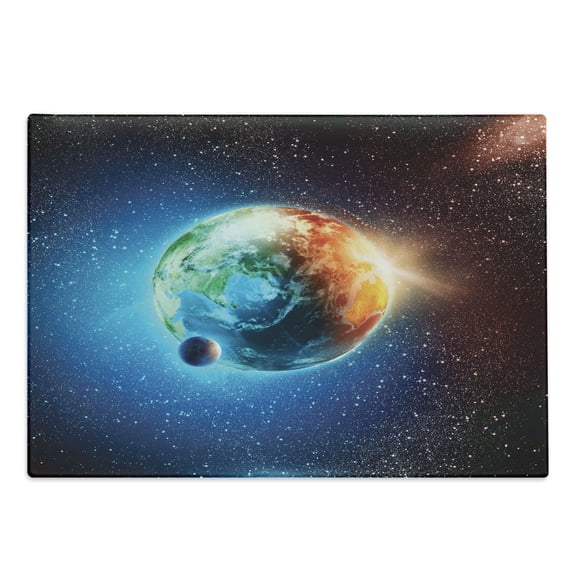Outer Space Cutting Board, Planet Earth in Sun Rays Elements Astronomy Atmosphere Sky Satellite Moon Image, Decorative Tempered Glass Cutting and Serving Board, Large Size, Red Blue, by Ambesonne