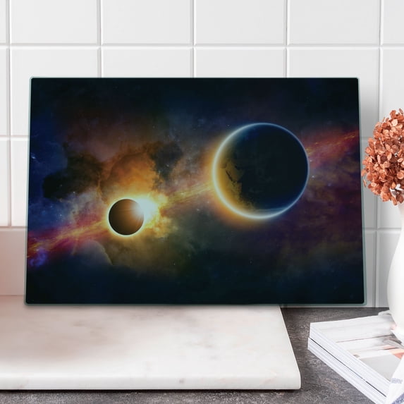 Outer Space Cutting Board, Planet in Milky Way Dark Nebula Gas Cloud Celestial Solar Eclipse Galaxy Theme, Decorative Tempered Glass Cutting and Serving Board, Large Size, Multicolor, by Ambesonne