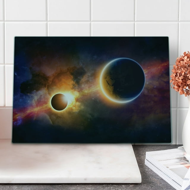 Outer Space Cutting Board, Planet in Milky Way Dark Nebula Gas Cloud Celestial Solar Eclipse Galaxy Theme, Decorative Tempered Glass Cutting and Serving Board, Large Size, Multicolor, by Ambesonne