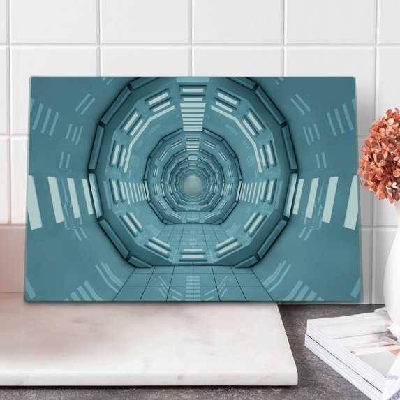 Outer Space Cutting Board, Spaceship Earth Corridor Adventure to Cosmos Ufo Lands Travel Architecture Walls, Decorative Tempered Glass Cutting and Serving Board, Large Size, Blue, by Ambesonne
