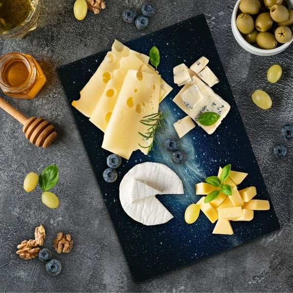 Outer Space Cutting Board, Spiral Galaxy Image Space and Stars Celestial Cosmos Expanse Universe Modern, Decorative Tempered Glass Cutting and Serving Board, Small Size, Navy White, by Ambesonne