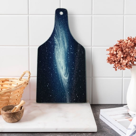 Outer Space Cutting Board, Spiral Galaxy Image Space and Stars Celestial Cosmos Expanse Universe Modern, Tempered Glass Cutting and Serving Board, Wine Bottle Shape, Navy White, by Ambesonne