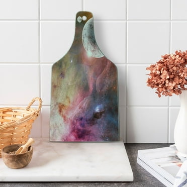 Outer Space Cutting Board, Unknown Frozen Planet in a Star Field with Circular Nebula Fog Galactic Energy Image, Tempered Glass Cutting and Serving Board, Wine Bottle Shape, Pink, by Ambesonne