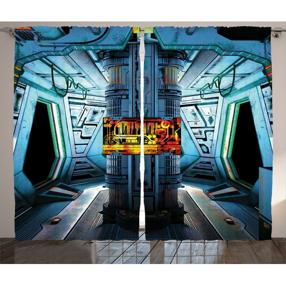 Ambesonne Outer Space Curtains 2 Panel Set, Ship Station Base, 108" x 84", Blue Black Orange