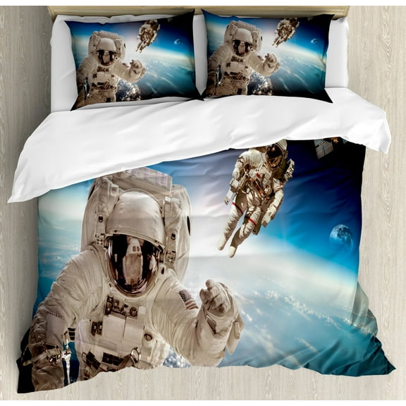 Outer Space Decor King Size Duvet Cover Set, Cosmonaut Crew in the Universe Astronomy Atmosphere Astral Journey Image, Decorative 3 Piece Bedding Set with 2 Pillow Shams, Blue Beige, by Ambesonne