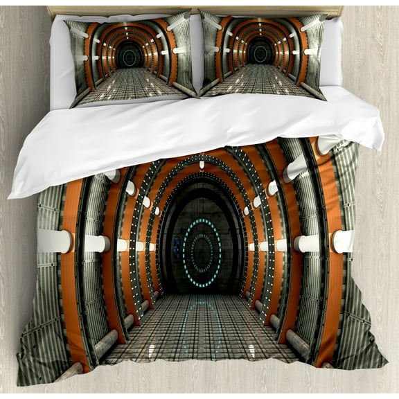 Outer Space Decor King Size Duvet Cover Set, Digital Orbital Station Room Artificial Satellite in Earth Navigation Center, Decorative 3 Piece Bedding Set with 2 Pillow Shams, Multi, by Ambesonne