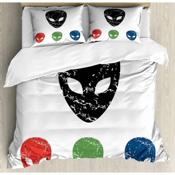 Outer Space Decor King Size Duvet Cover Set, Grunge Illustration of Surreal Alien Head with Motley Effects Threat Forms, Decorative 3 Piece Bedding Set with 2 Pillow Shams, Red Green, by Ambesonne