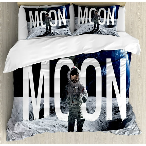 Outer Space Decor King Size Duvet Cover Set, Moon Invasion of the Miniature Astronaut Stands on Surface World Image, Decorative 3 Piece Bedding Set with 2 Pillow Shams, Blue Grey, by Ambesonne
