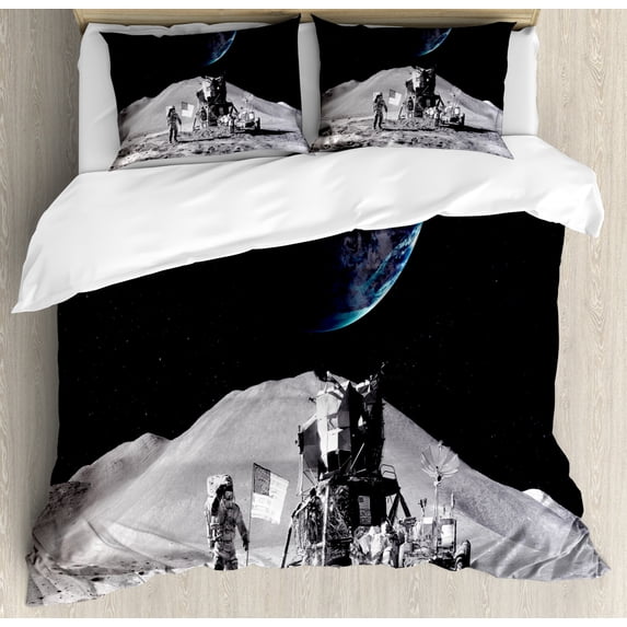 Outer Space Decor King Size Duvet Cover Set, Moon US Spaceman Launching on the Exploring Dark Matter Orbit Luna Design, Decorative 3 Piece Bedding Set with 2 Pillow Shams, Grey Blue, by Ambesonne