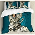 thumbnail image 1 of Outer Space Decor King Size Duvet Cover Set, Woman Astronaut Hands with Her Better Half Pop Art Comic Stylized Graphic, Decorative 3 Piece Bedding Set with 2 Pillow Shams, Beige Blue, by Ambesonne, 1 of 3