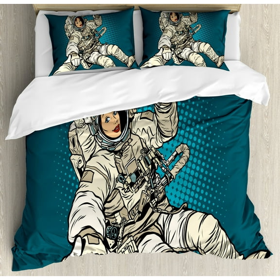 Outer Space Decor King Size Duvet Cover Set, Woman Astronaut Hands with Her Better Half Pop Art Comic Stylized Graphic, Decorative 3 Piece Bedding Set with 2 Pillow Shams, Beige Blue, by Ambesonne