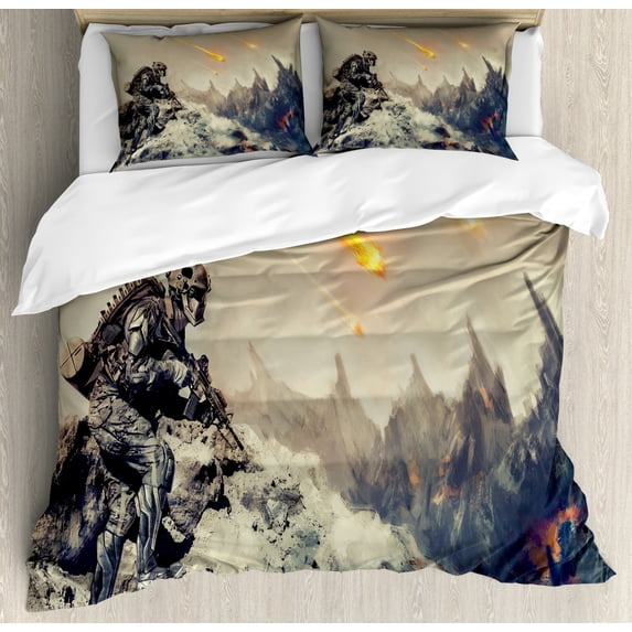 Outer Space Decor Queen Size Duvet Cover Set, Futuristic Mechanical Armed Soldier in Battle Alien Planet Save the World Image, Decorative 3 Piece Bedding Set with 2 Pillow Shams, Grey, by Ambesonne