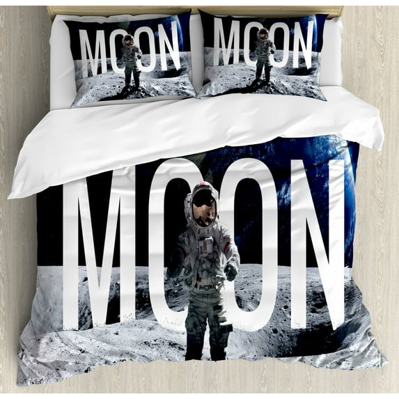 Outer Space Decor Queen Size Duvet Cover Set, Moon Invasion of the Miniature Astronaut Stands on Surface World Image, Decorative 3 Piece Bedding Set with 2 Pillow Shams, Blue Grey, by Ambesonne
