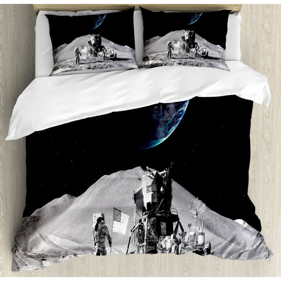 Outer Space Decor Queen Size Duvet Cover Set, Moon US Spaceman Launching on the Exploring Dark Matter Orbit Luna Design, Decorative 3 Piece Bedding Set with 2 Pillow Shams, Grey Blue, by Ambesonne
