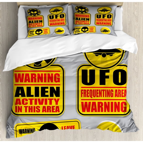Outer Space Decor Queen Size Duvet Cover Set, Warning Alien Ufo Sign Face of Martian Creature Danger Horror Print, Decorative 3 Piece Bedding Set with 2 Pillow Shams, Black Yellow, by Ambesonne