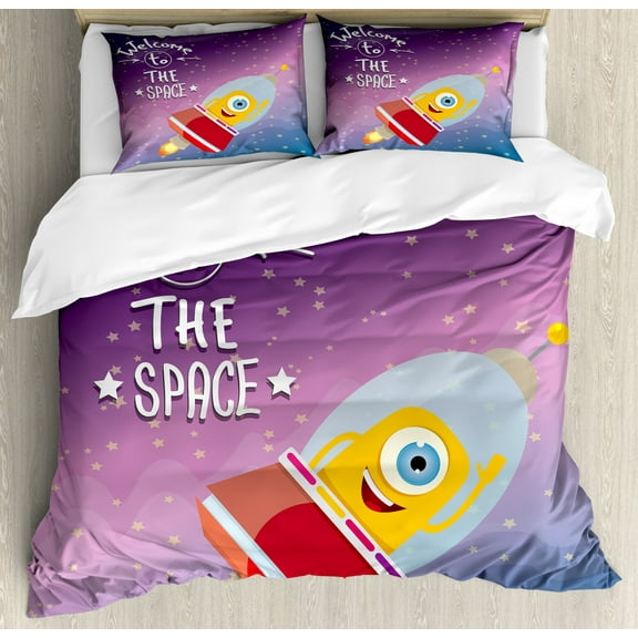 Outer Space Decor Queen Size Duvet Cover Set, Welcoming Quote Print with Retro Mascot Vessel Traveling in Milky Way, Decorative 3 Piece Bedding Set with 2 Pillow Shams, Purple Blue, by Ambesonne
