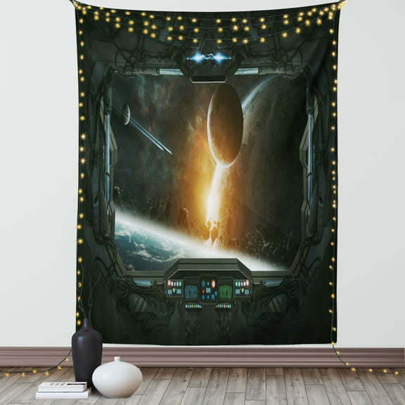 Outer Space Decor Tapestry, Scenery of Planets from the Window of a Shuttle Bodies Astronaut Look, Wall Hanging for Bedroom Living Room Dorm Decor, 40W X 60L Inches, Gray Orange, by Ambesonne
