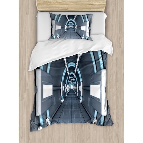 Outer Space Duvet Cover Set, Inner View of Rocket Structure Cyber Hallway Trip to the Dark Matter, Decorative 2 Piece Bedding Set with 1 Pillow Shams, Twin Size, Grey Blue, by Ambesonne