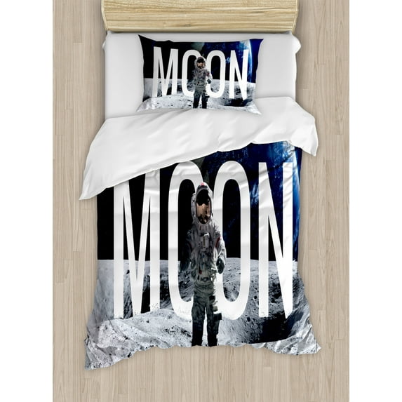 Outer Space Decor Twin Size Duvet Cover Set, Moon Invasion of the Miniature Astronaut Stands on Surface World Image, Decorative 2 Piece Bedding Set with 1 Pillow Sham, Blue Grey, by Ambesonne