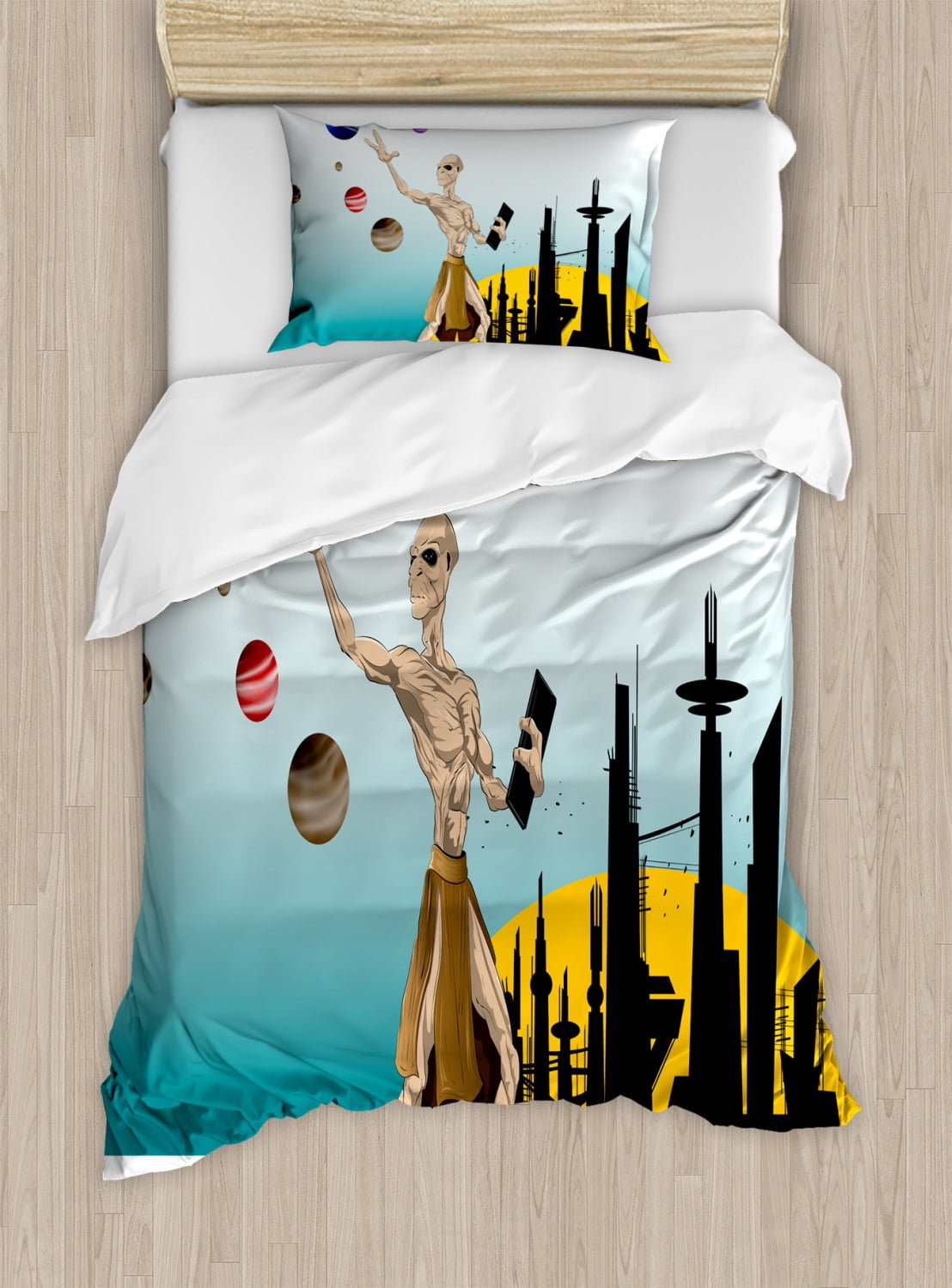 Outer Space Decor Twin Size Duvet Cover Set, Odd Alien Celestial Body ...
