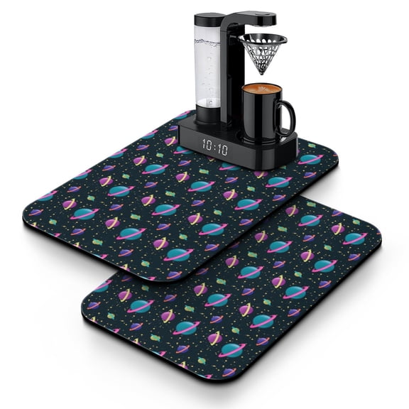 Outer Space Dish Drying Mat, Astronaut Rocket Nebula Cosmic Absorbent Kitchen Mat, Celestial Design
