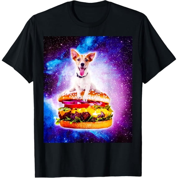 Outer Space Dog Riding Burger T-Shirt, Full Size S-5XL