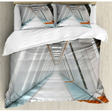 Outer Space Duvet Cover Set, Architecture of Spacecraft Rocket Travel Futuristic Mass Coordination Theme, Decorative 3 Piece Bedding Set with 2 Pillow Shams, Calking Size, Orange White, by Ambesonne