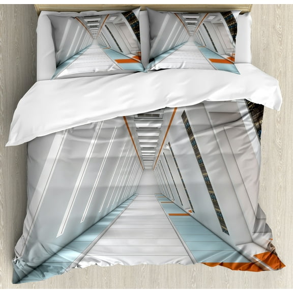 Outer Space Duvet Cover Set, Architecture of Spacecraft Rocket Travel Futuristic Mass Coordination Theme, Decorative 3 Piece Bedding Set with 2 Pillow Shams, Calking Size, Orange White, by Ambesonne