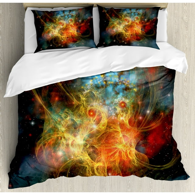 Outer Space Duvet Cover Set, Cartoon Nebula Gas Expanse Outer Space Universe Matters in Astral Zone, Decorative 3 Piece Bedding Set with 2 Pillow Shams, King Size, Navy Orange Teal, by Ambesonne