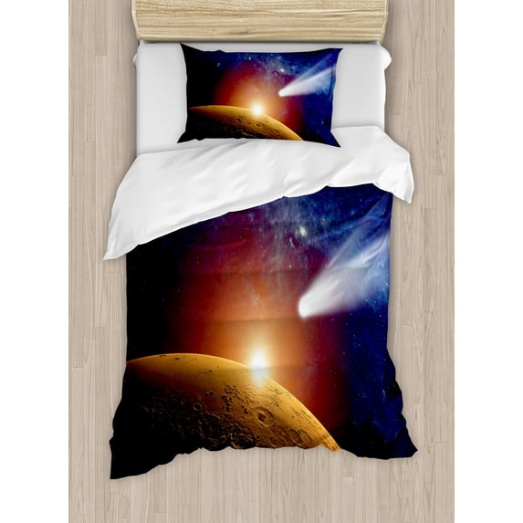 Outer Space Duvet Cover Set, Comet Tail Approaching Planet Mars Cosmos Dark Solar System Scenery, Decorative 2 Piece Bedding Set with 1 Pillow Shams, Twin Size, Blue Orange, by Ambesonne