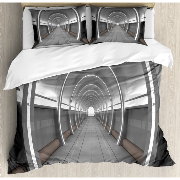 Outer Space Duvet Cover Set, Galactic Place Oval Shaped Ceiling Force Alien Life Apollo Comics Graphic Design, Decorative 3 Piece Bedding Set with 2 Pillow Shams, Queen Size, Grey, by Ambesonne