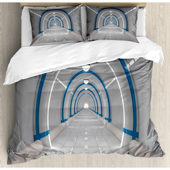 Outer Space Duvet Cover Set, Galaxy Textured Spaceflight Animation Force Travel Static Image Print, Decorative 3 Piece Bedding Set with 2 Pillow Shams, Calking Size, Grey Blue, by Ambesonne