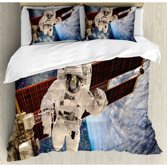 Outer Space Duvet Cover Set King Size, International Station Global Communication Orbiting over the Earth Rocket Photo, Decorative 3 Piece Bedding Set with 2 Pillow Shams, Multi, by Ambesonne