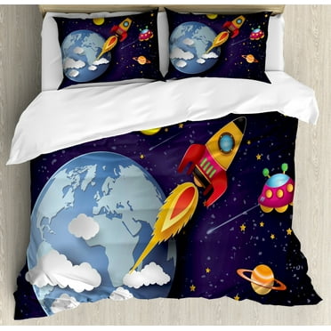 Outer Space Duvet Cover Set King Size, Rocket on Planetary System with Earth Stars Ufo Saturn Sun Galaxy Boys Print, Decorative 3 Piece Bedding Set with 2 Pillow Shams, Multicolor, by Ambesonne
