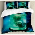 thumbnail image 1 of Outer Space Duvet Cover Set, Martian UFO Alien in a Aquarium Like Tube Art Image, Decorative 3 Piece Bedding Set with 2 Pillow Shams, Calking Size, Pale Green Sky Blue, by Ambesonne, 1 of 3