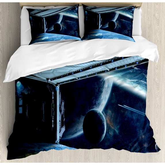Outer Space Duvet Cover Set, Moon Before Station Planet Apocalypse Landing Alternative Humanoid Robots Print, Decorative 3 Piece Bedding Set with 2 Pillow Shams, Queen Size, Navy Blue, by Ambesonne