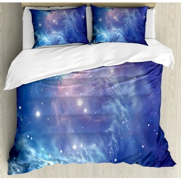 Outer Space Duvet Cover Set, Outer Space Nebula in the Galaxy with Star Clusters Mysterious Astronomy Art, Decorative 3 Piece Bedding Set with 2 Pillow Shams, Queen Size, Purple Navy, by Ambesonne
