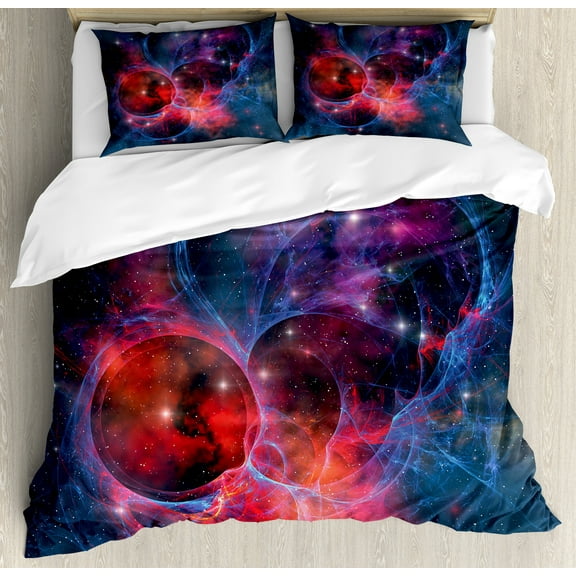 Outer Space Duvet Cover Set, Nebula Gas Celestial Expanse in Galaxy Astral Planet Cosmos Objects Space Theme, Decorative 3 Piece Bedding Set with 2 Pillow Shams, Calking Size, Navy Red, by Ambesonne