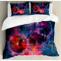 Outer Space Duvet Cover Set, Nebula Gas Celestial Expanse in Galaxy Astral Planet Cosmos Objects Space Theme, Decorative 3 Piece Bedding Set with 2 Pillow Shams, Calking Size, Navy Red, by Ambesonne