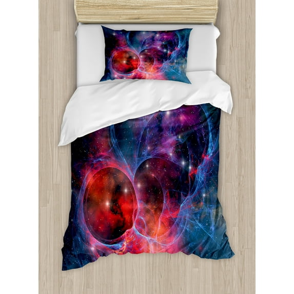Outer Space Duvet Cover Set, Nebula Gas Celestial Expanse in Galaxy Astral Planet Cosmos Objects Space Theme, Decorative 2 Piece Bedding Set with 1 Pillow Shams, Twin Size, Navy Red, by Ambesonne