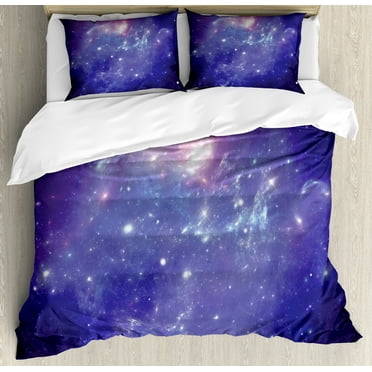 Outer Space Duvet Cover Set, Nebula Gas Cloud Dust Spiral Expanse Planet Galaxy System Milky Way Inspired, Decorative 3 Piece Bedding Set with 2 Pillow Shams, King Size, Navy Purple, by Ambesonne