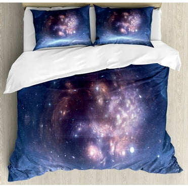 Outer Space Duvet Cover Set, Outer Space Nebula Gas Cloud and Star Clusters Universe Cosmos Astronomy Art, Decorative 3 Piece Bedding Set with 2 Pillow Shams, Calking Size, Navy Purple, by Ambesonne