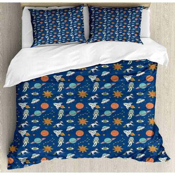 Outer Space Duvet Cover Set, Print of Unicorn Along Planets UFO Astronaut Constellation Stars Solar System, Decorative 3 Piece Bedding Set with 2 Pillow Shams, Calking Size, Multicolor, by Ambesonne