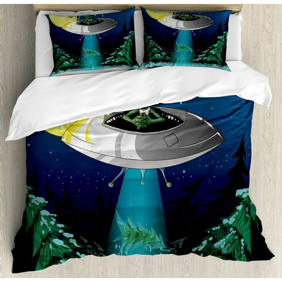 Outer Space Duvet Cover Set Queen Size, Alien with Santa Claus Hat Kidnaps a Tree for Christmas Night Airship Print, Decorative 3 Piece Bedding Set with 2 Pillow Shams, Green Blue, by Ambesonne