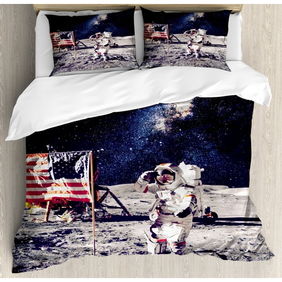 Outer Space Duvet Cover Set Queen Size, American Spaceman on the Moon Future Solar Discovery in Deep Technology View, Decorative 3 Piece Bedding Set with 2 Pillow Shams, Blue Grey, by Ambesonne