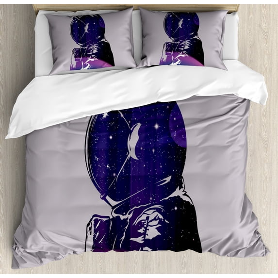 Outer Space Duvet Cover Set Queen Size, Exposure of Cosmonaut Star Clusters Celestial Cosmic Body Side Graphic Design, Decorative 3 Piece Bedding Set with 2 Pillow Shams, Pink Purple, by Ambesonne