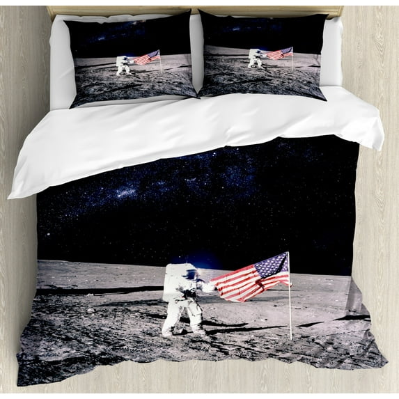 Outer Space Duvet Cover Set Queen Size, Moon Astronaut on Universe with American Flag Milky Way Inspired Future Picture, Decorative 3 Piece Bedding Set with 2 Pillow Shams, Brown Blue, by Ambesonne